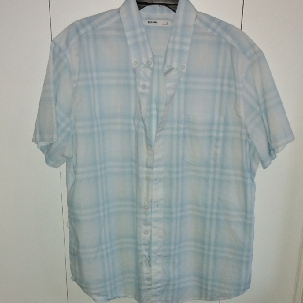 Sonoma Light Blue Plaid Short-Sleeve Button-Down Shirt